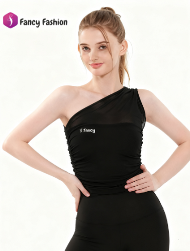 Fancy Women's One-Shoulder Mesh Crop Top Ruched Design Slim Fit for Yoga Dance & Casual Wear