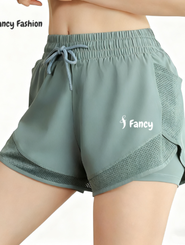 Fancy Women's 2-in-1 Running Shorts Quick Dry Mesh Panels Elastic Waist with Drawstring for Gym Yoga